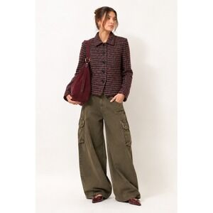 Womens Multi Color Textured Tweed Large Button Front Blazer M Red Preppy Chic